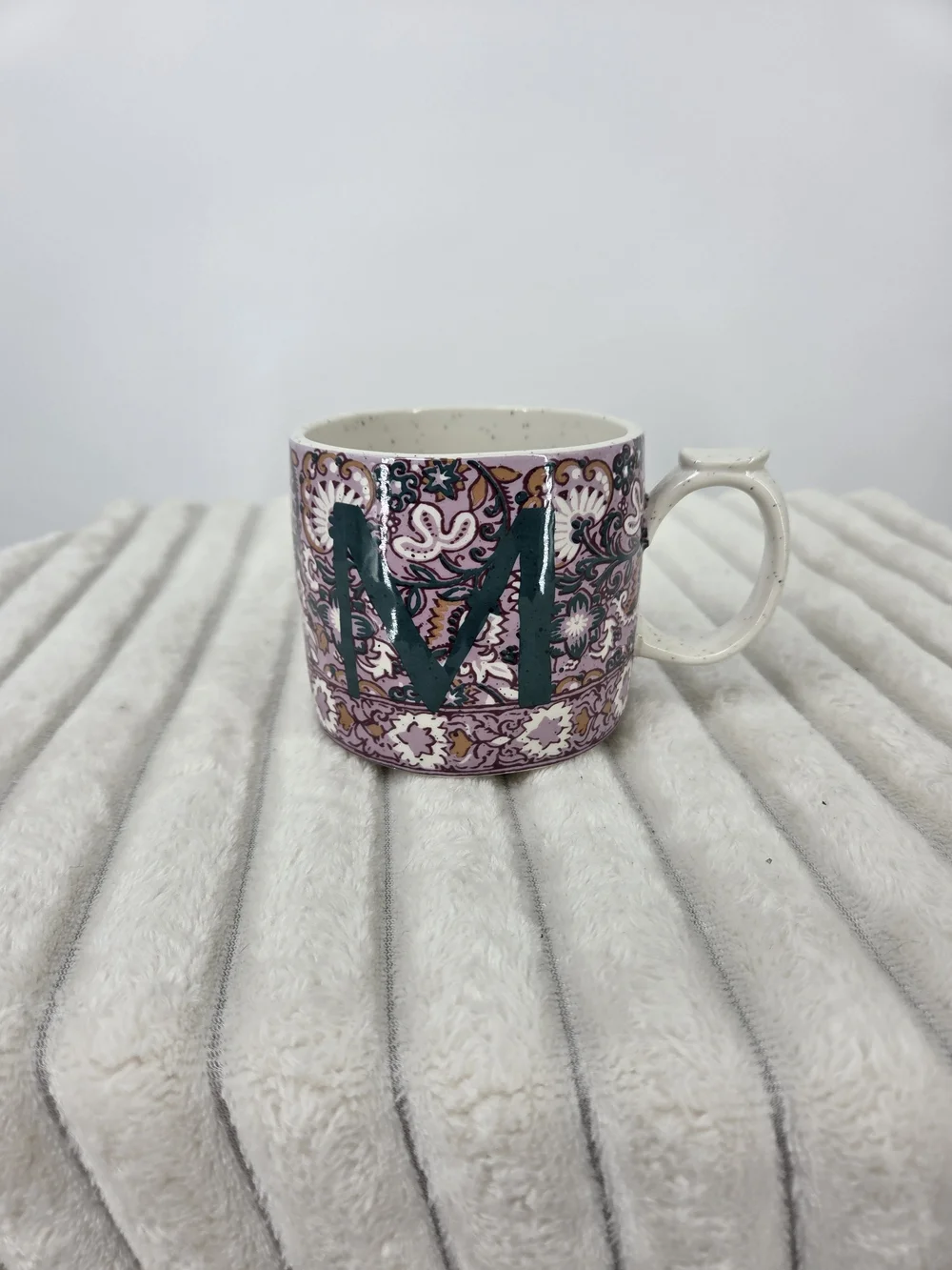 Anthropologie Pink Paisley Mug with Dark Green Monogram